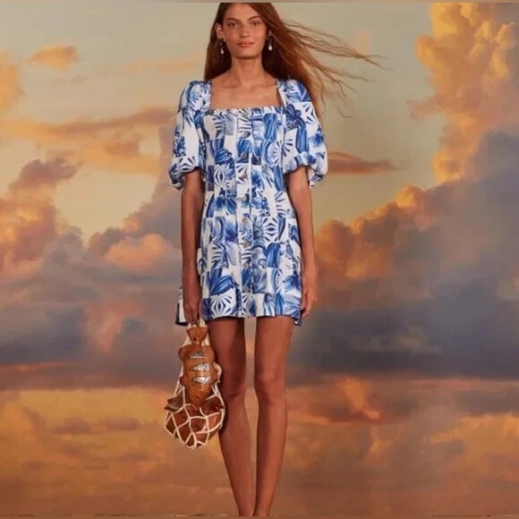 $230 FARM Rio Garden Tiles Plaid Off White Mini Dress, Linen - Picture 1 of 11